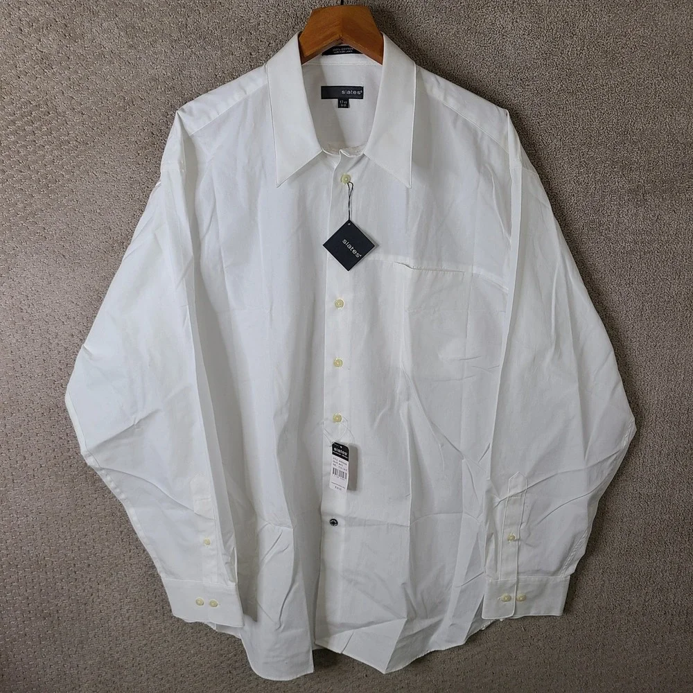 Slates Shirt Mens 17.5 36-37 White Long Sleeve Dress Button Down Cotton NEW